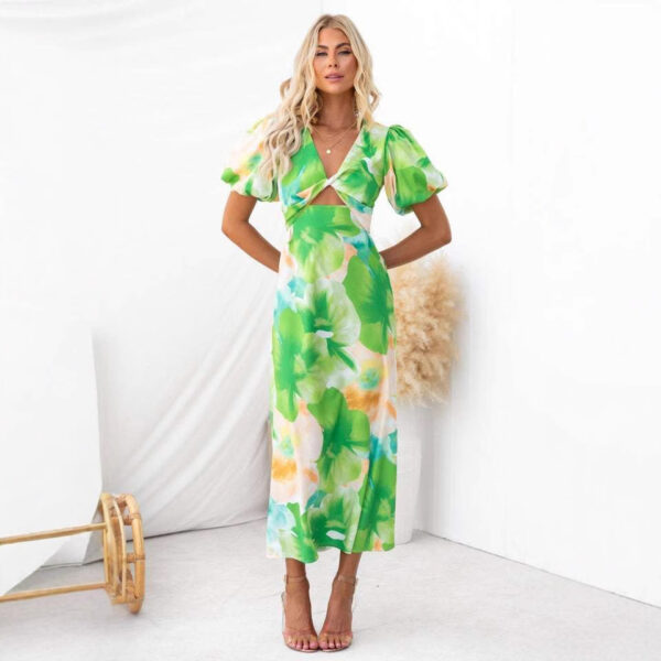 Puff Sleeve Long Dress Printed V-neck Hollow Out - Image 4
