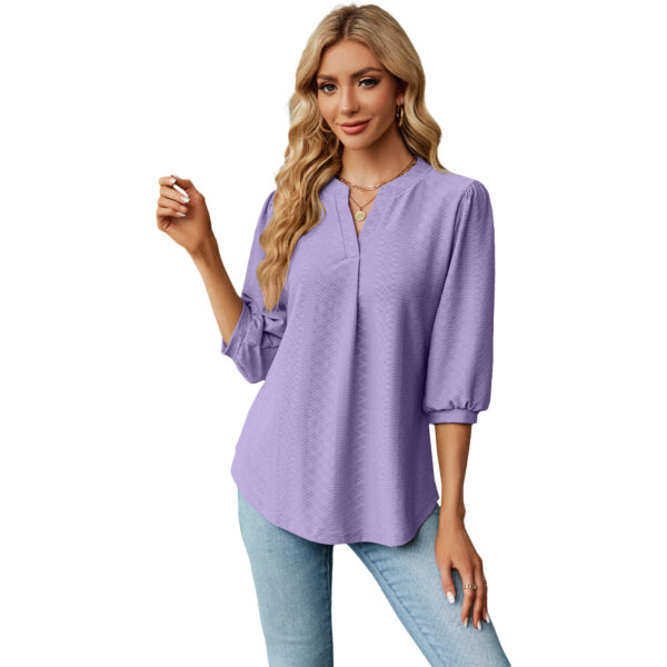 New Solid Color V-neck Jacquard Seven Quarter Sleeve Loose Pleated T-shirt Top For Women - Image 5