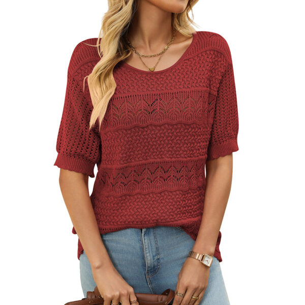 Round Neck Hollow-out Short-sleeved Shirt Knitted Crocheted Sweater - Image 7