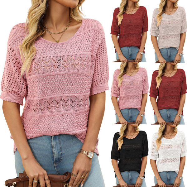 Round Neck Hollow-out Short-sleeved Shirt Knitted Crocheted Sweater - Image 5