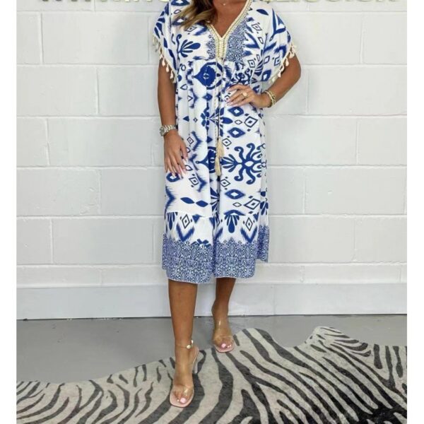 Fashion Printed V-neck Tassel Stitching Casual Dress - Image 7