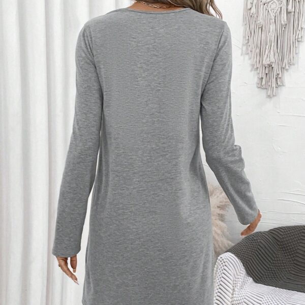 Ladies' Spring And AutumnSummer Long Sleeved Lace Splicing Hollow V-neck Elegant Casual Style Dress - Image 4