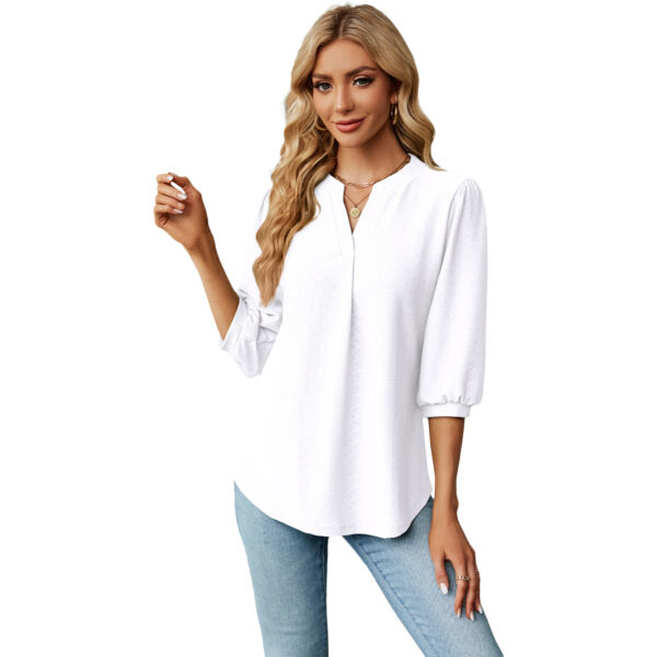 New Solid Color V-neck Jacquard Seven Quarter Sleeve Loose Pleated T-shirt Top For Women - Image 7