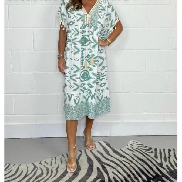 Fashion Printed V-neck Tassel Stitching Casual Dress - Image 4