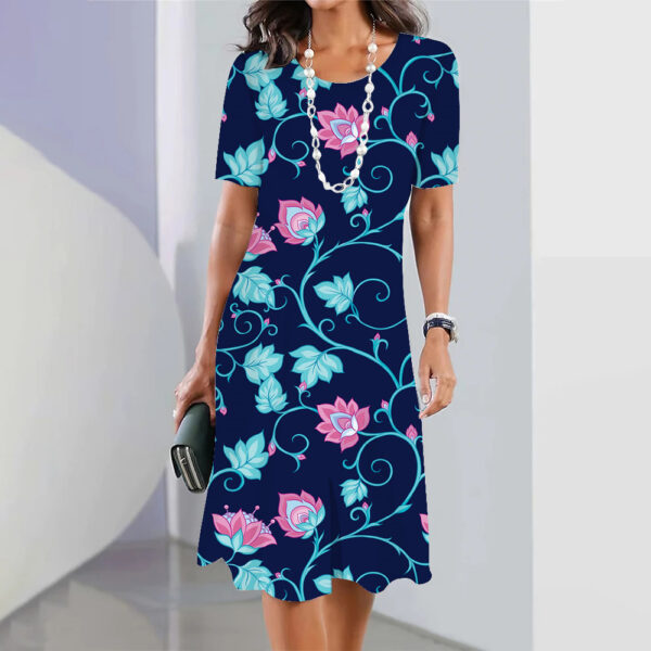 3d Floral Blue Printed Round Neck Fashion Party Dress - Image 10
