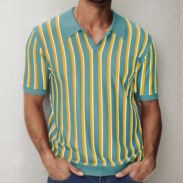 High Quality Summer Lapels Temperament Striped Knitted Polo Shirt - Image 4