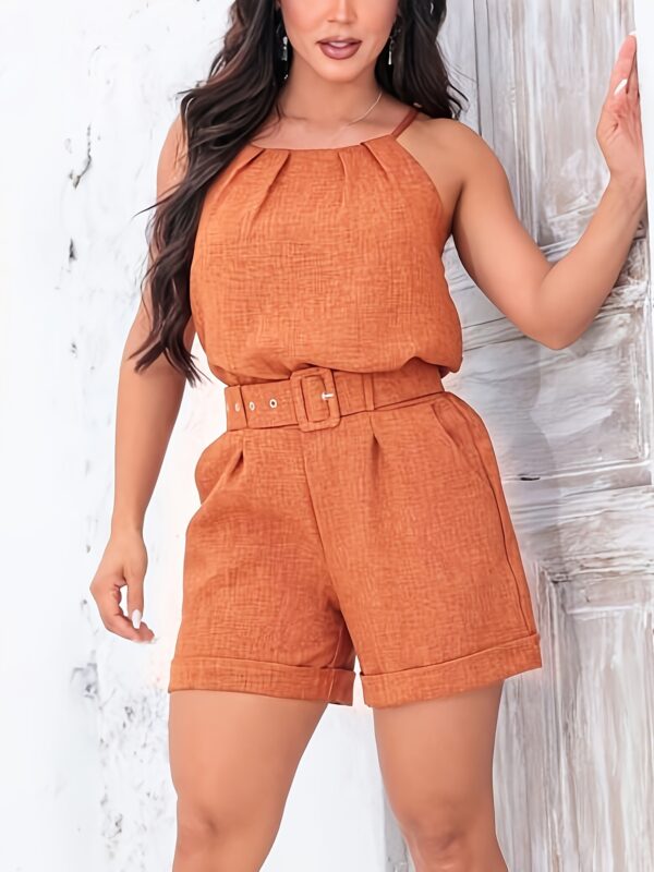 New Solid Color Pleated Pullover High Waist With Belt Hem Shorts Fashion Suspenders Women's Suit - Image 4