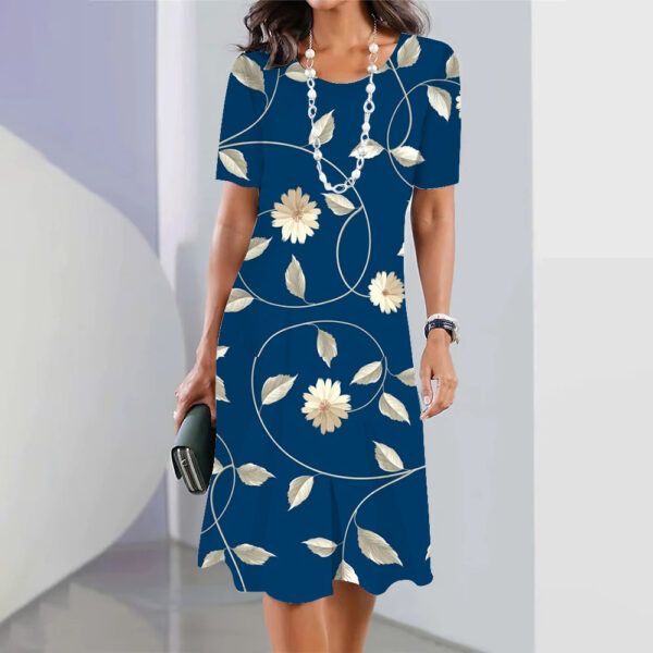 3d Floral Blue Printed Round Neck Fashion Party Dress - Image 3