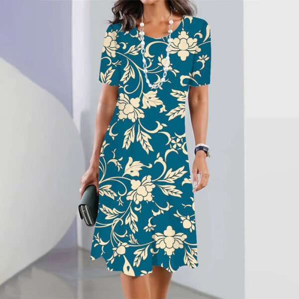 3d Floral Blue Printed Round Neck Fashion Party Dress - Image 2