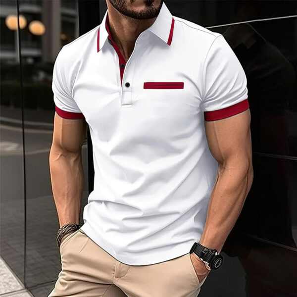 European And American Leisure Polo Shirt Chest Faux Pocket Lapel Button Business T-shirt Color Matching - Image 10