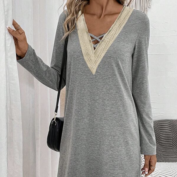 Ladies' Spring And AutumnSummer Long Sleeved Lace Splicing Hollow V-neck Elegant Casual Style Dress - Image 3