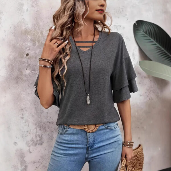 Women's V-neck Flounce Fashion T-shirt - Image 4