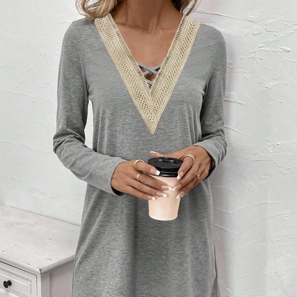 Ladies' Spring And AutumnSummer Long Sleeved Lace Splicing Hollow V-neck Elegant Casual Style Dress - Image 2