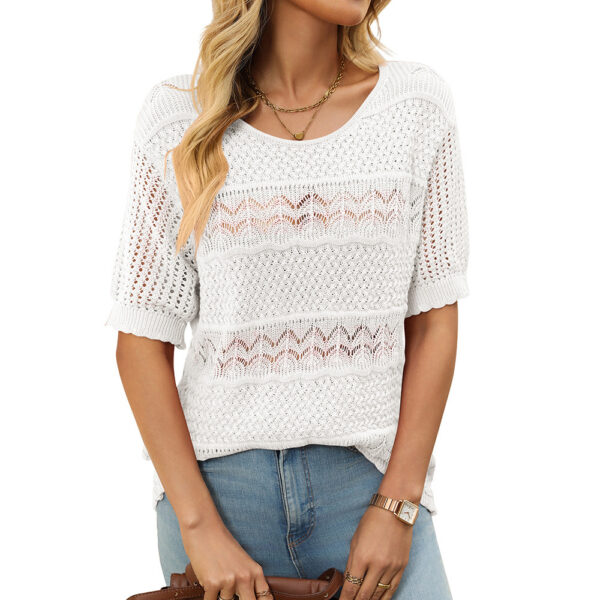 Round Neck Hollow-out Short-sleeved Shirt Knitted Crocheted Sweater - Image 4