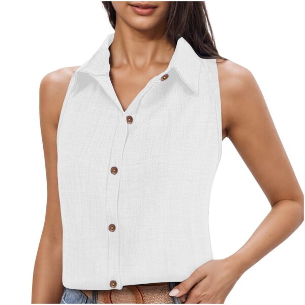 Lapel Cotton Linen Button Sleeveless Shirt Women's Clothing - Image 7