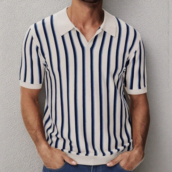 High Quality Summer Lapels Temperament Striped Knitted Polo Shirt - Image 5