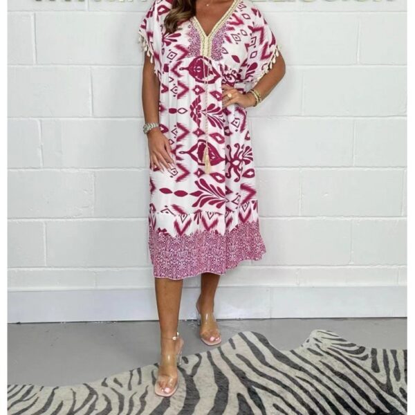 Fashion Printed V-neck Tassel Stitching Casual Dress - Image 10