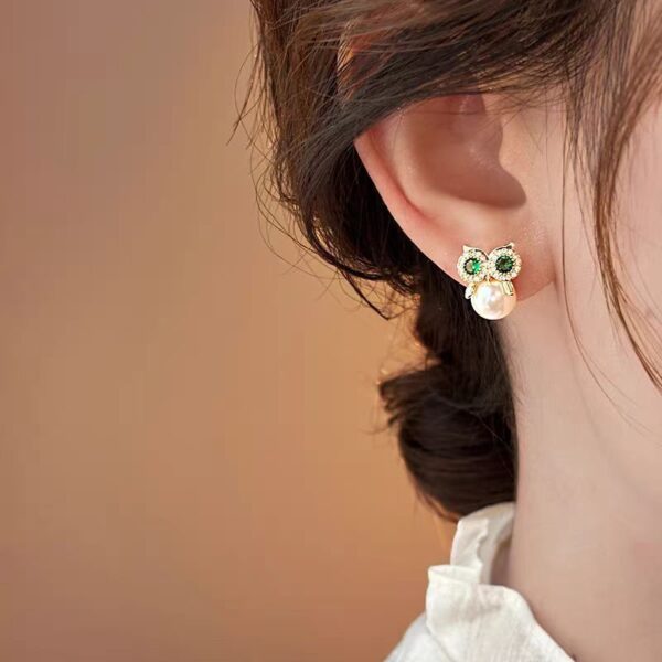 Owl Zircon Pearl Stud Earrings Female Design - Image 2