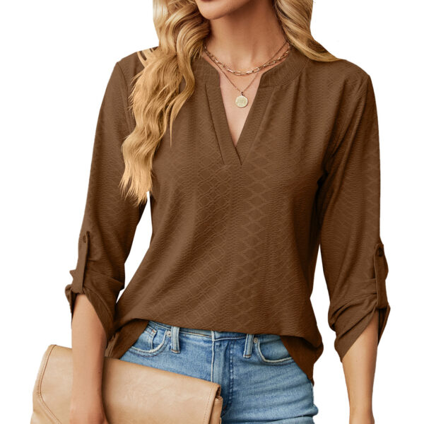 New Solid Color V-neck Three Quarter Sleeve Button Loose T-shirt Top For Women - Image 3