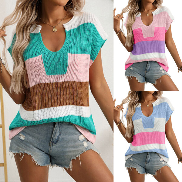 Women's U-collar Dopamine Contrast Color Casual Sweater With Short Sleeves