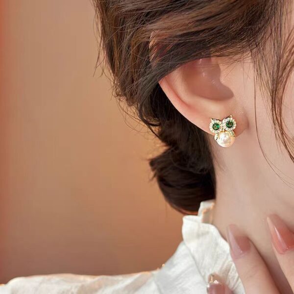 Owl Zircon Pearl Stud Earrings Female Design - Image 3