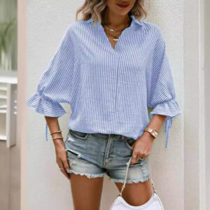 Spring And Summer Striped Flared Batwing Sleeve 34 Sleeve Back Slit V-neck Casual Shirt