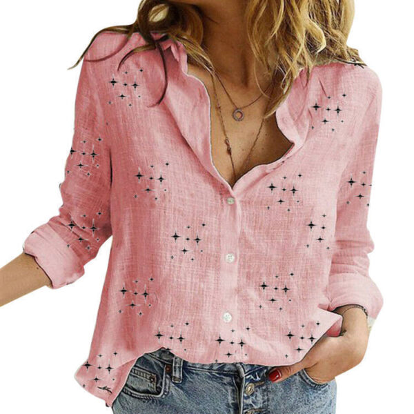 Spring And Autumn Print Casual Loose Long Sleeve Linen Shirt For Women - Image 2