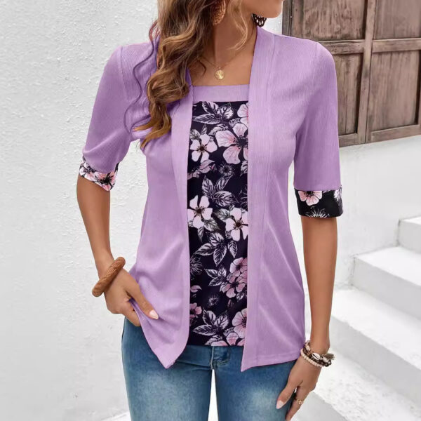 Women's Fake Two-piece Five-quarter Sleeve Printed Top T-shirt - Image 6