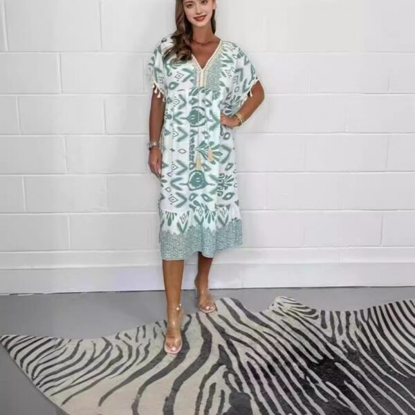 Fashion Printed V-neck Tassel Stitching Casual Dress - Image 2